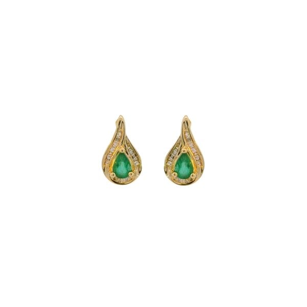 14K Yellow Gold Estate .75ct Pear Emerald & .16ct Diamond Baguette Post Earrings 15mm Length