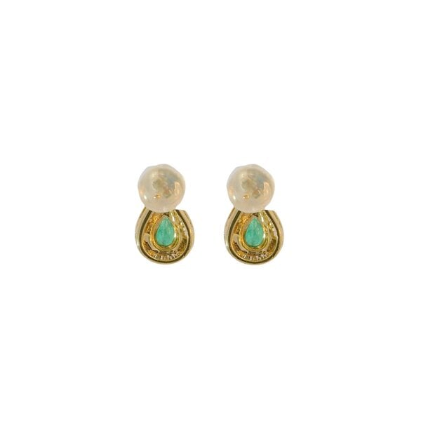 14K Yellow Gold Estate .75ct Pear Emerald & .16ct Diamond Baguette Post Earrings 15mm Length