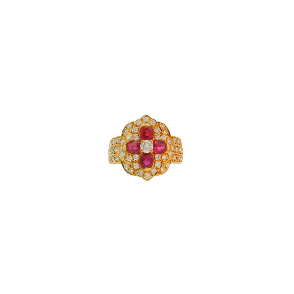 18K Yellow Gold 1980's 1.14ct Ruby & .79ct Diamond Clover Cluster Ring Size 5.25