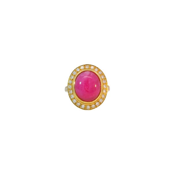 18K Yellow Gold 1970's 10.15ct Oval Cabochon Ruby & .92ct Diamond Halo/Eternity Ring Size 6.75