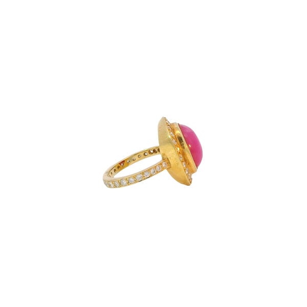 18K Yellow Gold 1970's 10.15ct Oval Cabochon Ruby & .92ct Diamond Halo/Eternity Ring Size 6.75