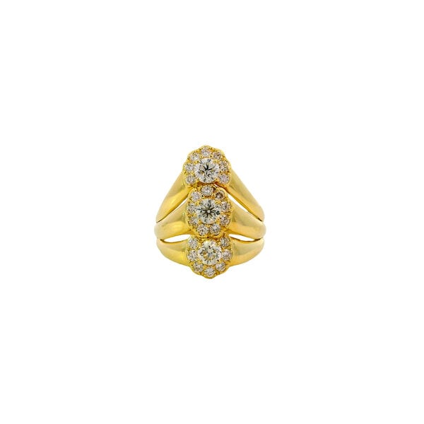 18K Yellow Gold 1980's 1.70ct Diamond Triple Cluster Ring Size 7.75