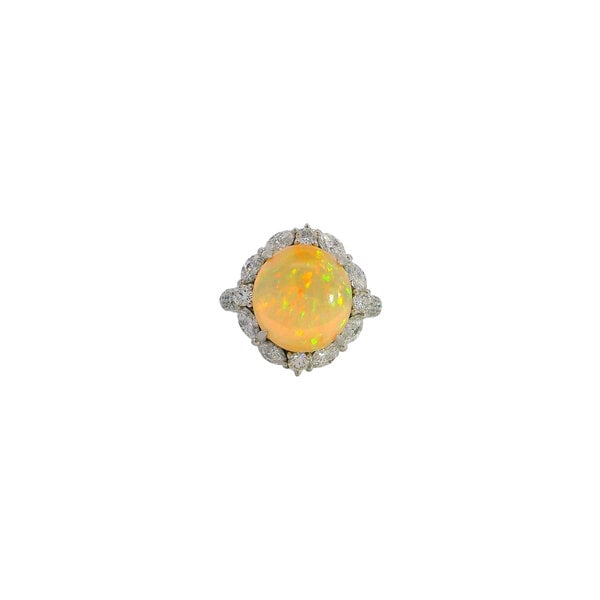Platinum Estate 5.19ct Oval Cabochon Ethiopian Opal & 1.14ct Diamond Halo Ring Size 5