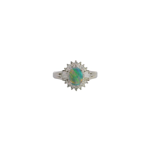 Platinum 1960's .46ct Oval Australian Opal & .48ct Diamond Halo Ring Size 6.25