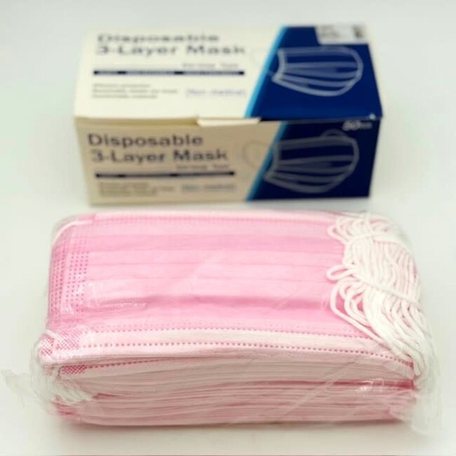 Face Mask - Disposable - Pink 3 Layer - 50 count