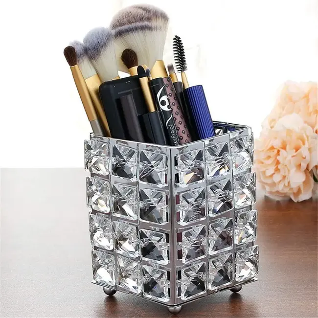 The Studio - Square Brush Holder w/ Square Crystal - Silver
