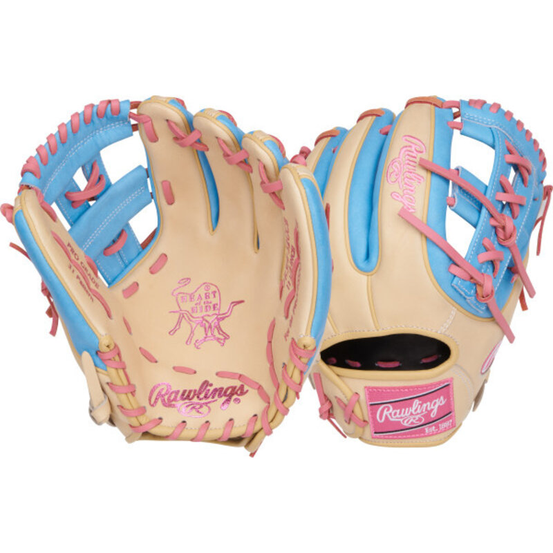 Rawlings Rawlings Heart of the Hide 11.5-Inch Infield Glove – Camel/Columbia Blue with Pink Laces