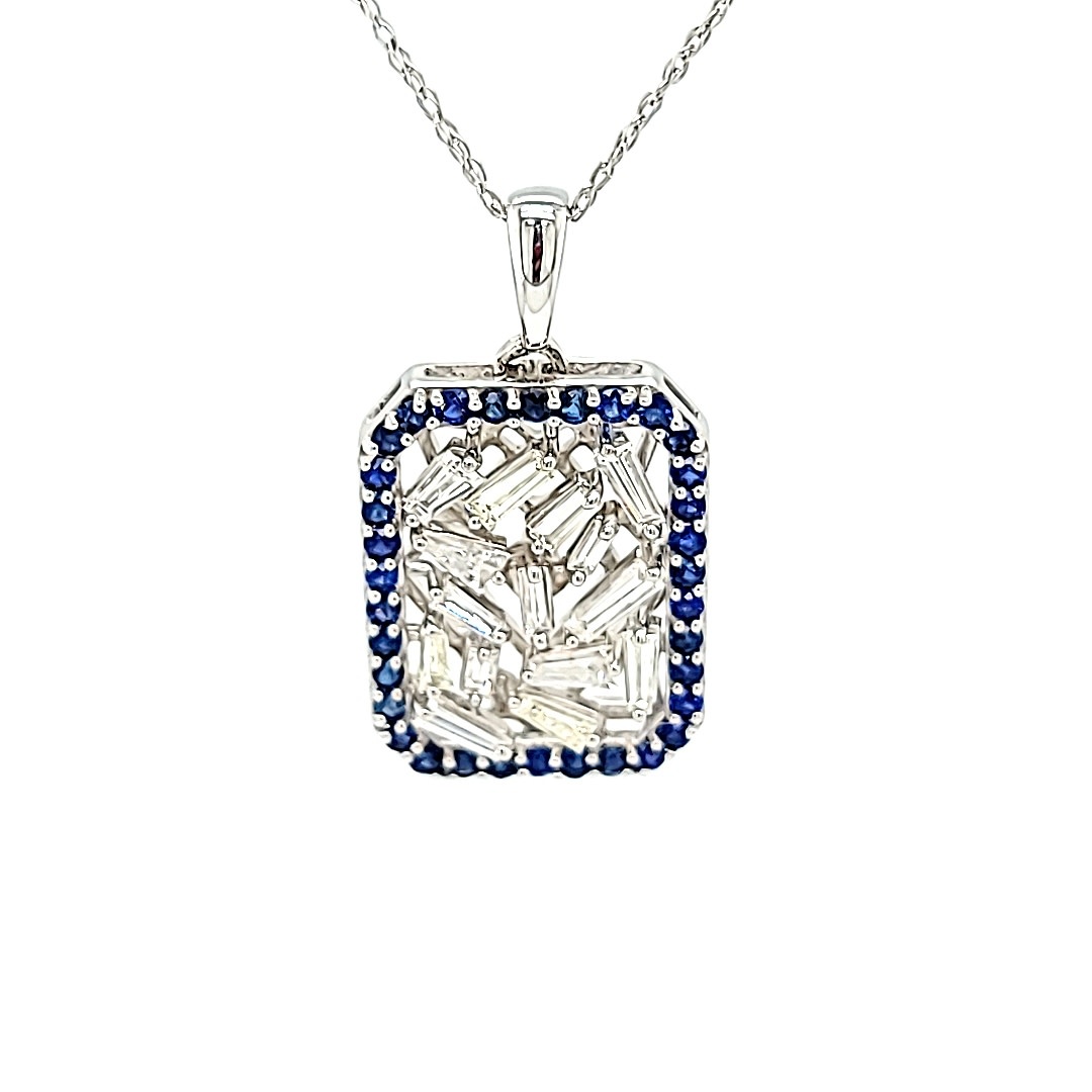 14KW Diamond 0.84CTTW Baguette Pendant With a Sapphire Halo
