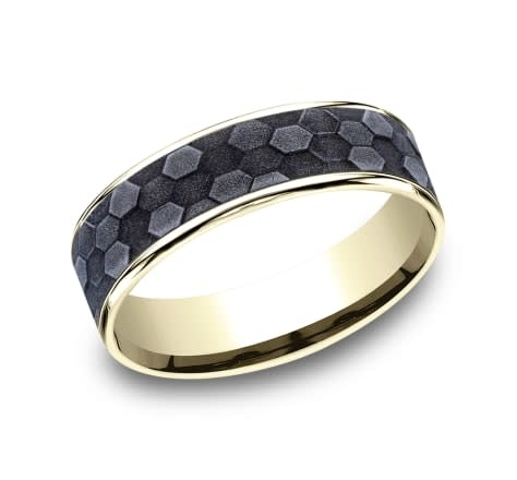 Benchmark 6.5mm Tantalum honeycomb wedding band with yellow gold edges