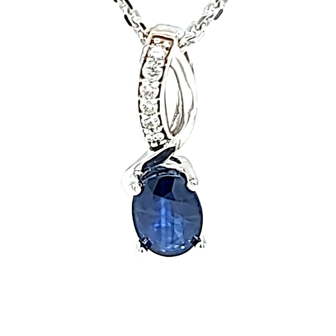 14KW Oval Sapphire Pendant w/ Diamond Accents