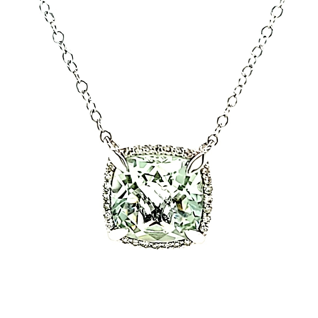 14KW Green Amethyst Halo Pendant