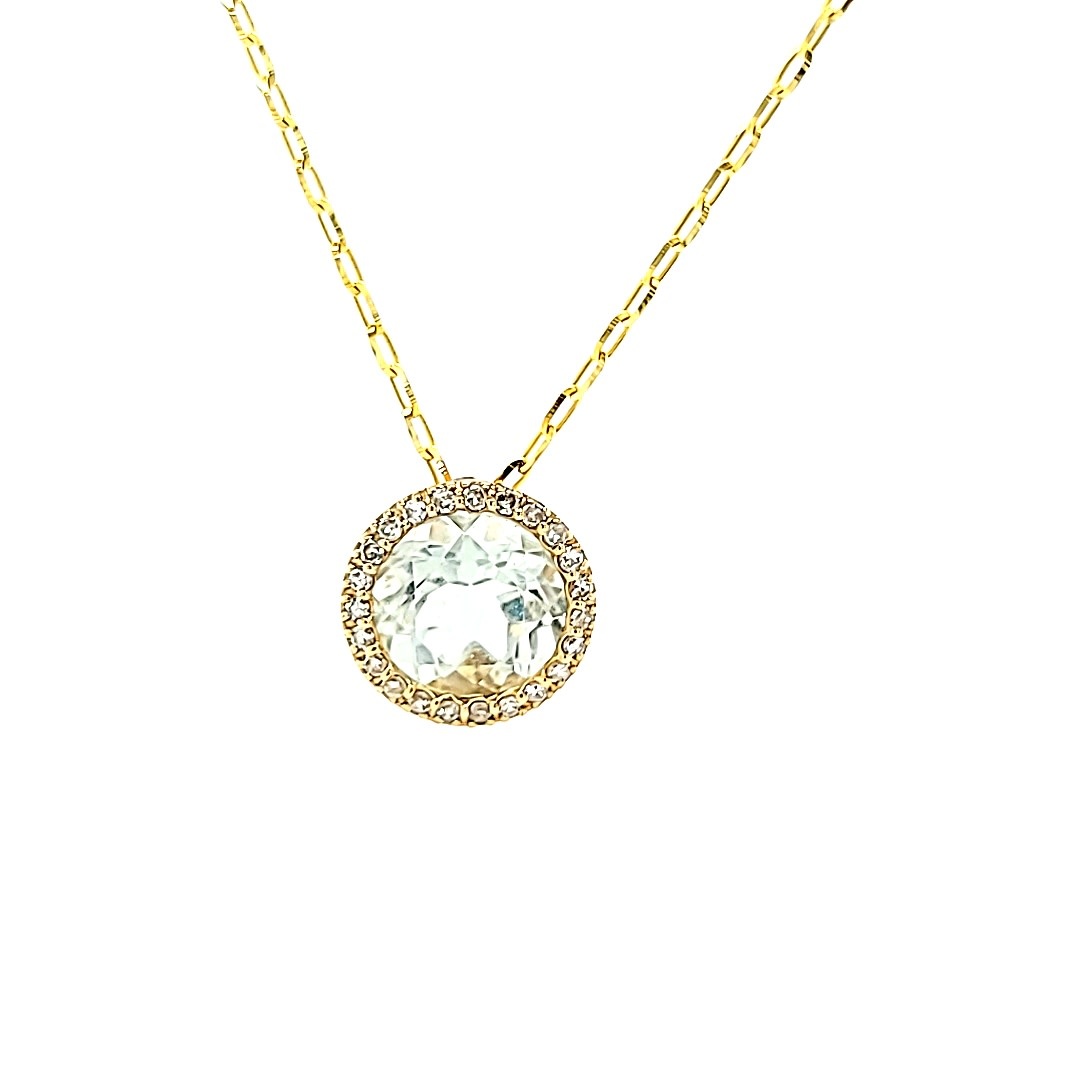 14KY 1.24CT Green Amethyst Pendant With a Diamond Halo