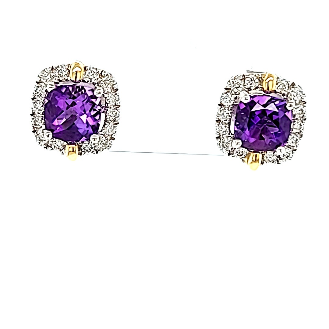 14KWY Two Tone Amethyst and Diamond Halo Earrings 14KWY Two Tone Amethyst and Diamond Halo Earrings