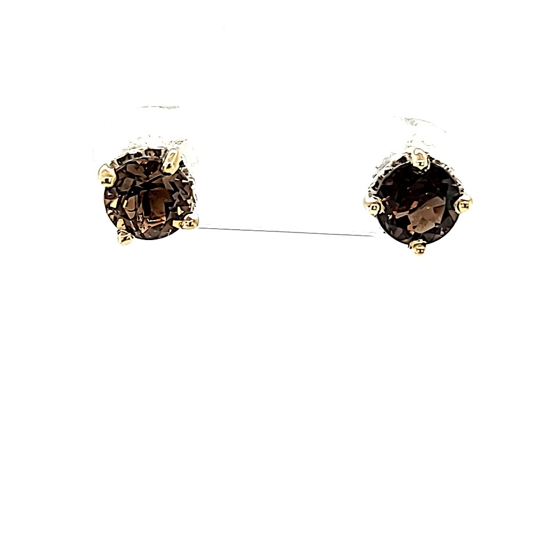 14KW Round Smoky Quartz Stud Earrings