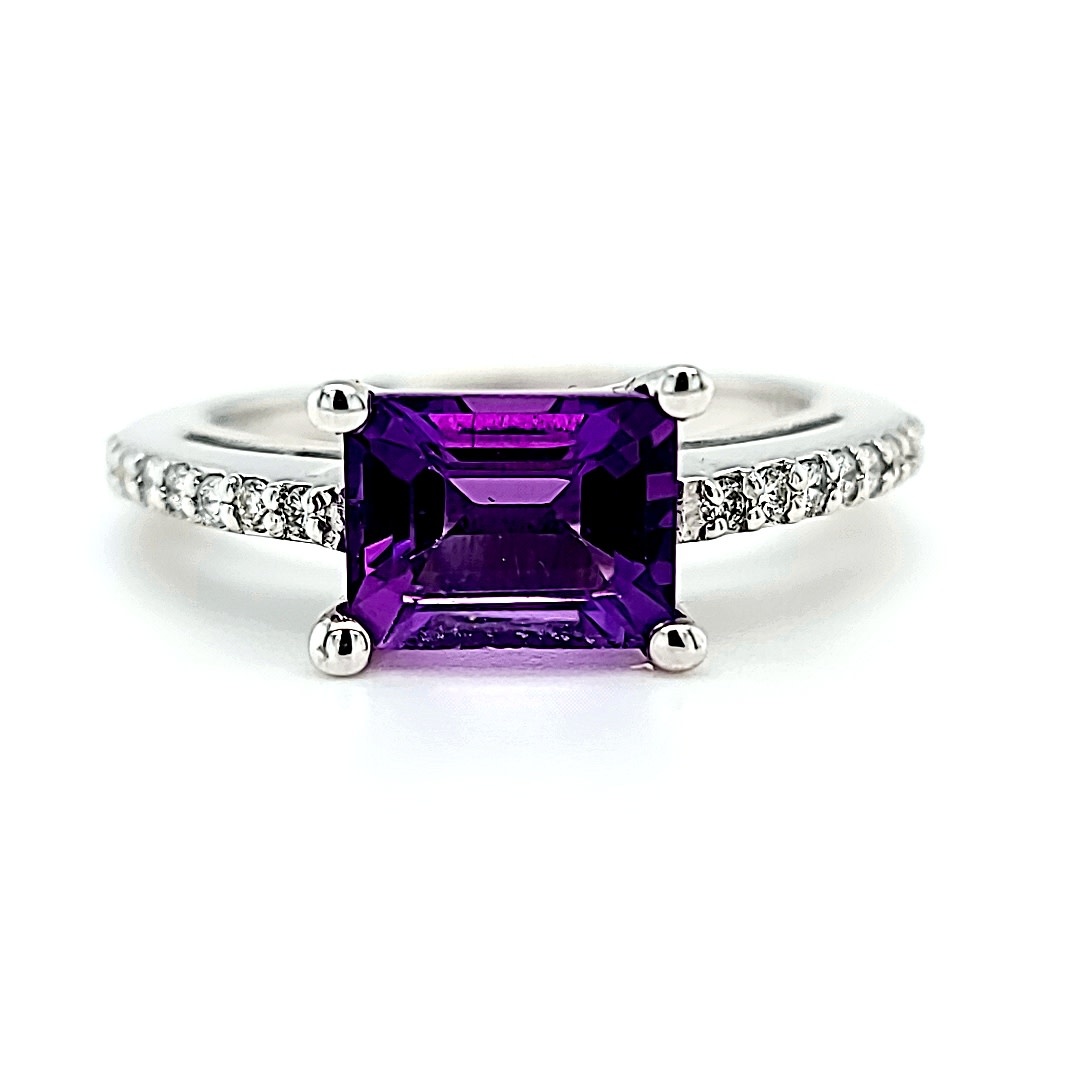 18KW Emerald Cut Amethyst and Diamond Fashion Ring