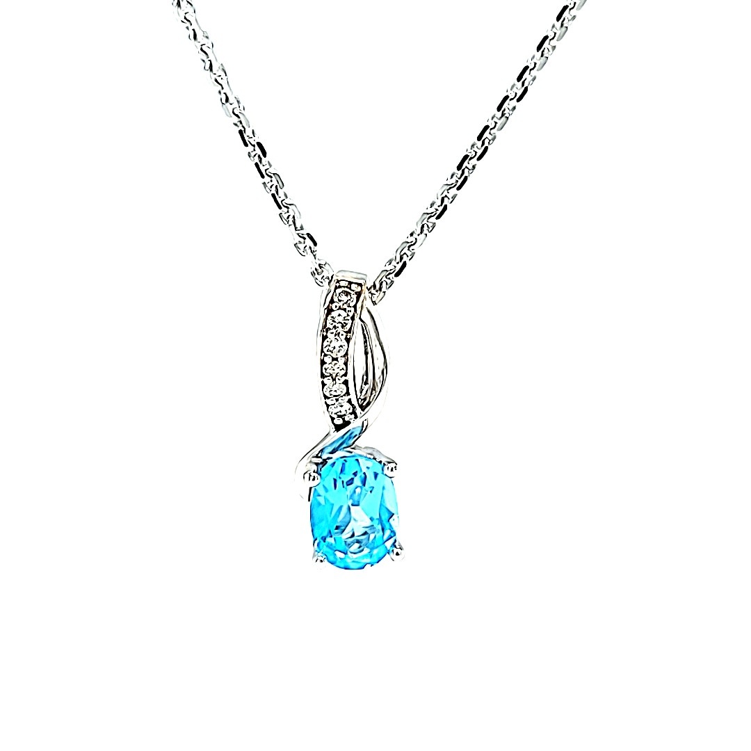 14KW Oval B. Topaz Pendant w/ Diamond Accent