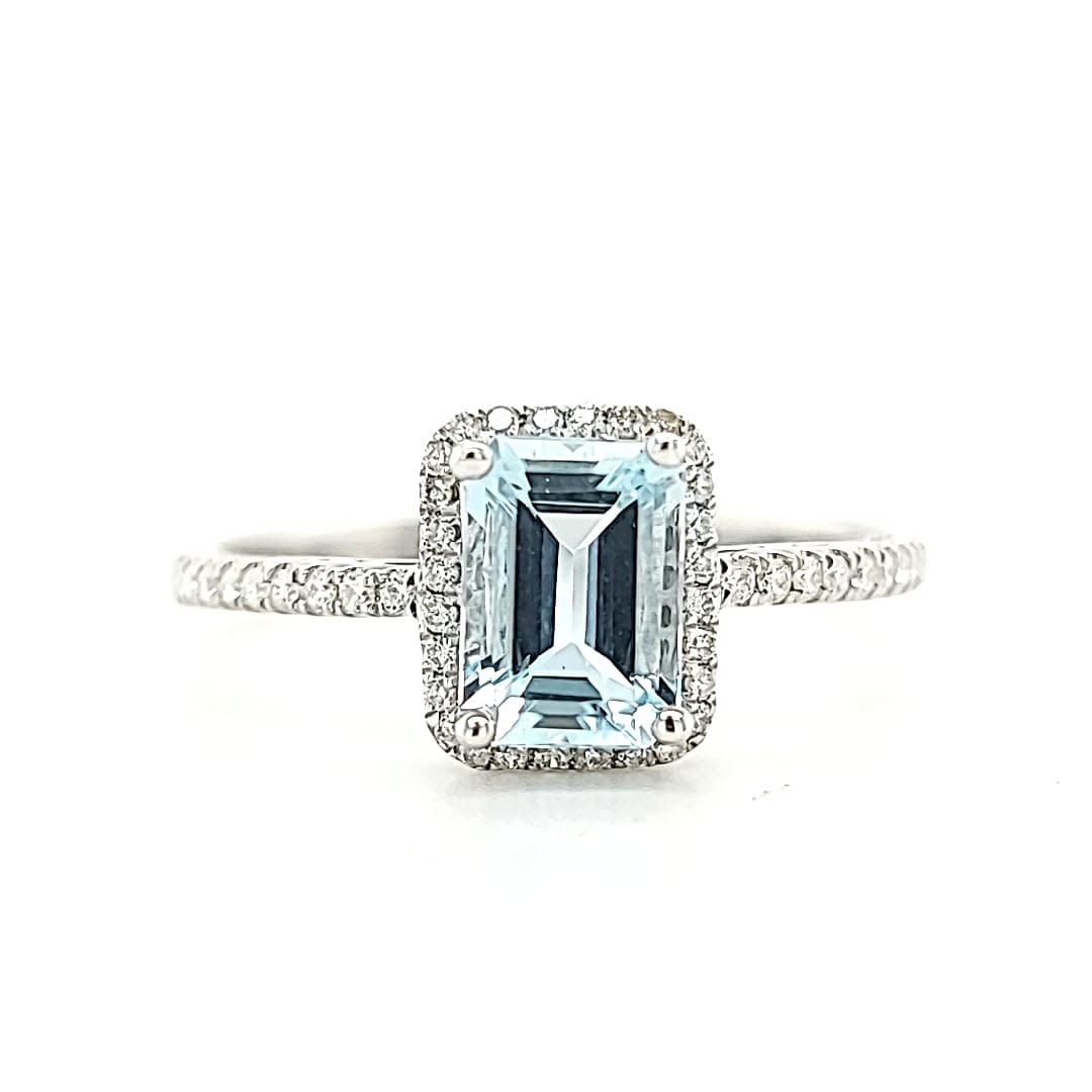 14KW .93CT Aquamarine Halo Fashion Ring