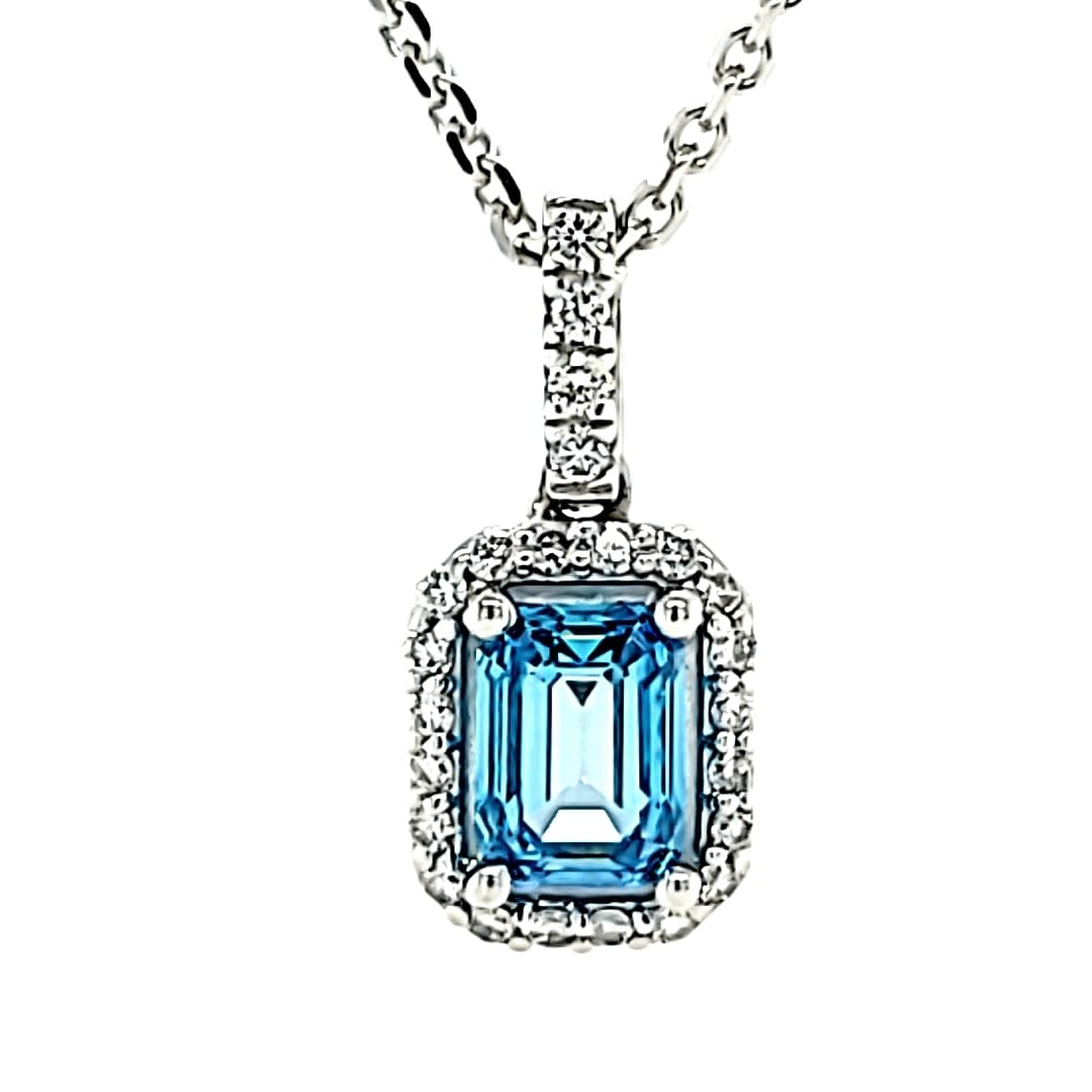 14KW LG Blue Diamond Halo Pendant 1.01CT VVS2 1/5tw