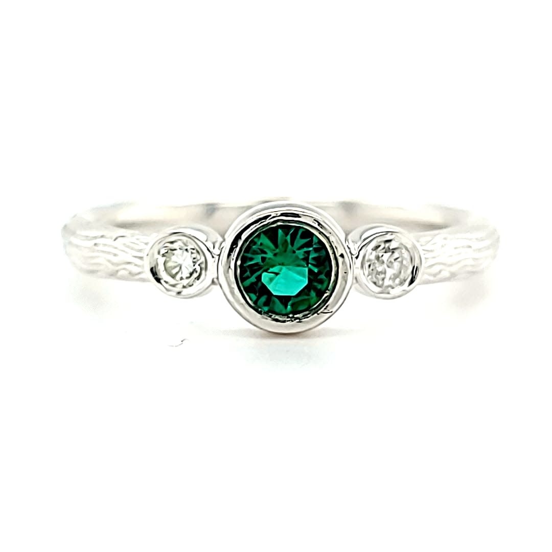 14KW Emerald and diamond Ring Bark Texture