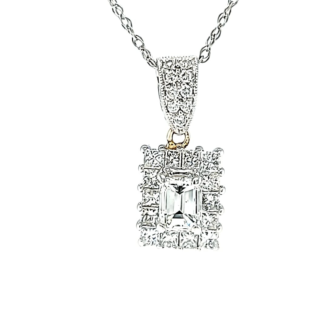 14KW Emerald Cut Diamond Halo Pendant