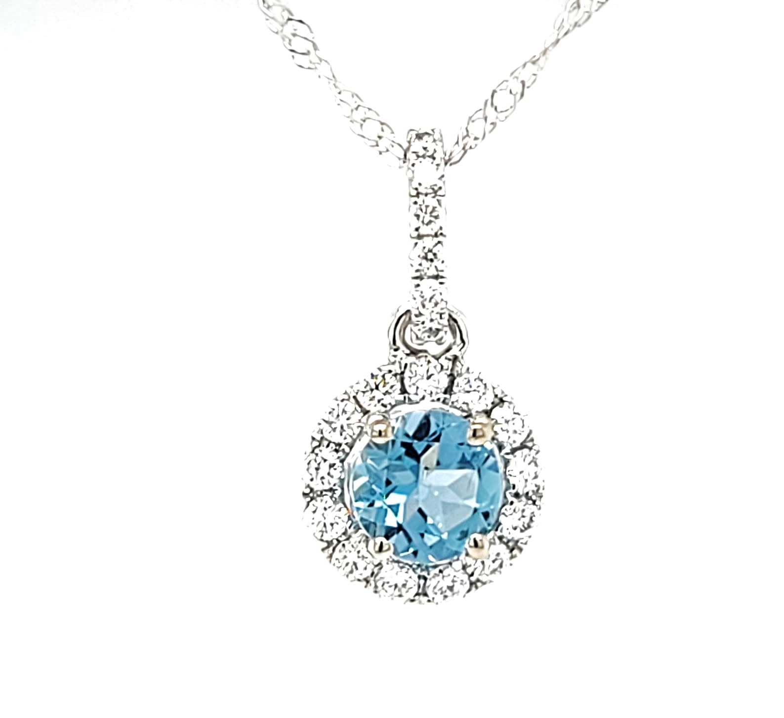 14KW .31CT Aquamarine Halo Pendant .15tw