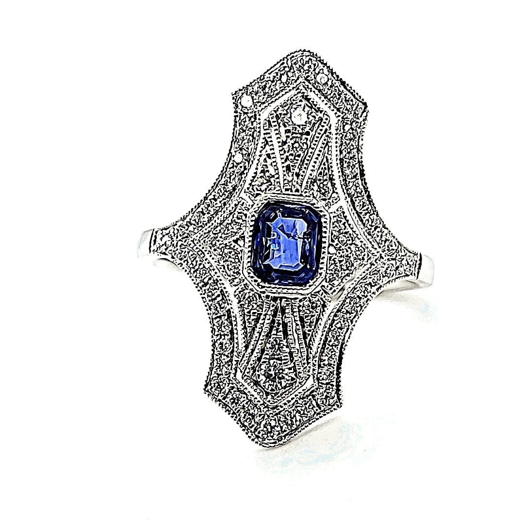 14KW .54CT Sapphire and .43tw Diamond Art Deco Style Ring