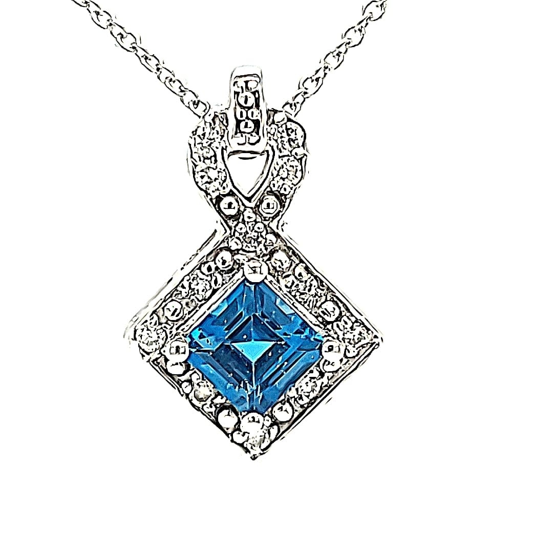 14KW Princess Cut Blue Topaz .90CT Halo Pendant