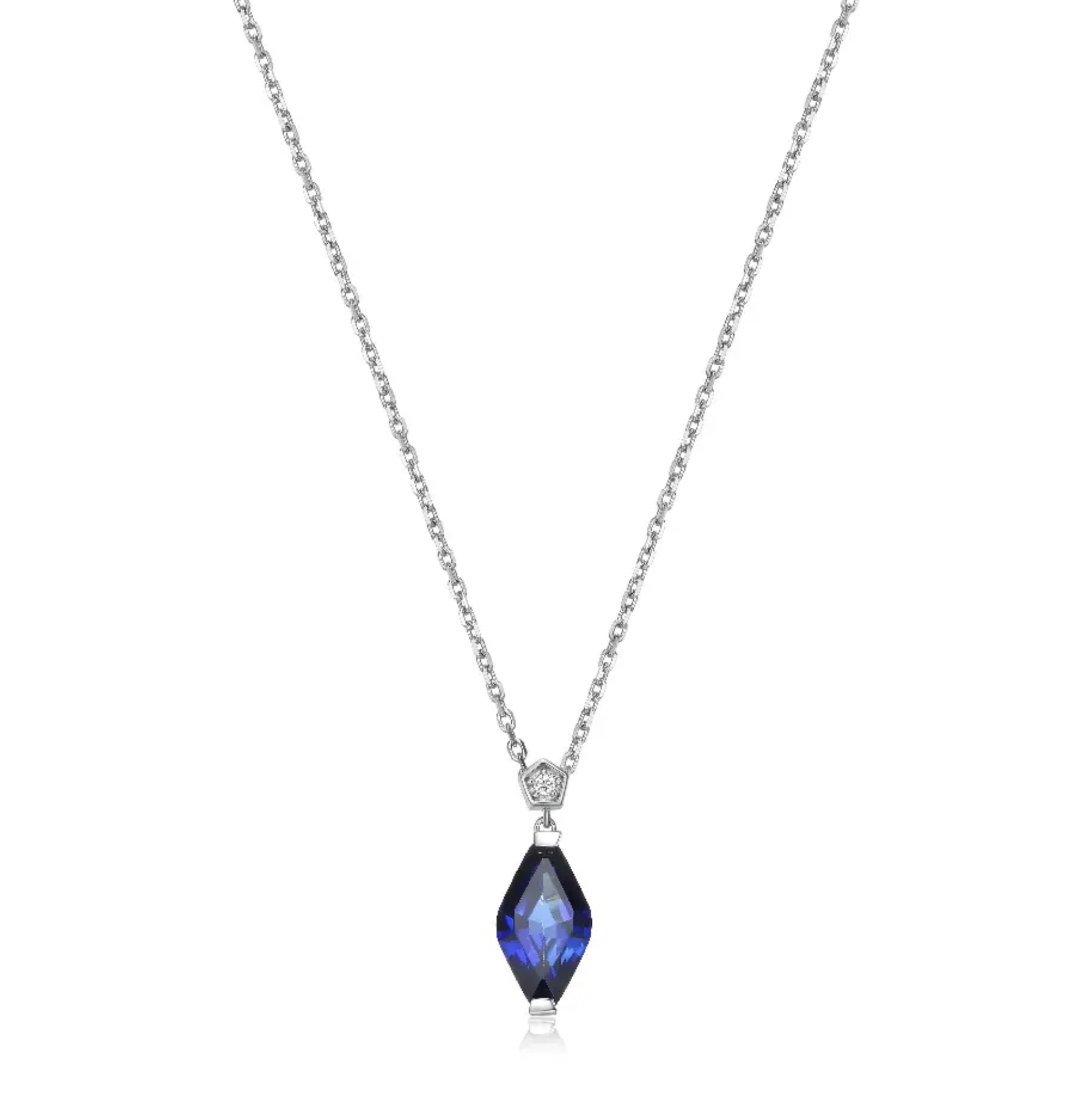 Rhodium Plated Created Blue Sapphire and Lab Grown Diamond