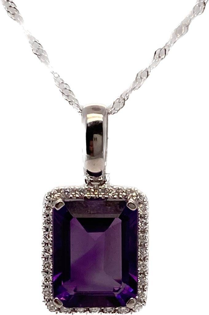 14KW 1.94CT Amethyst and Diamond Halo Pendant