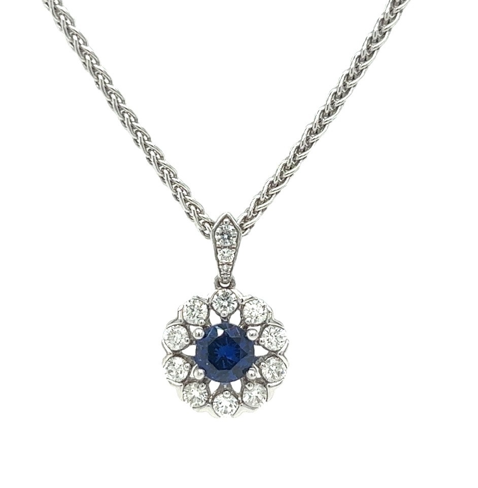 14KW Sapphire Halo Pendant