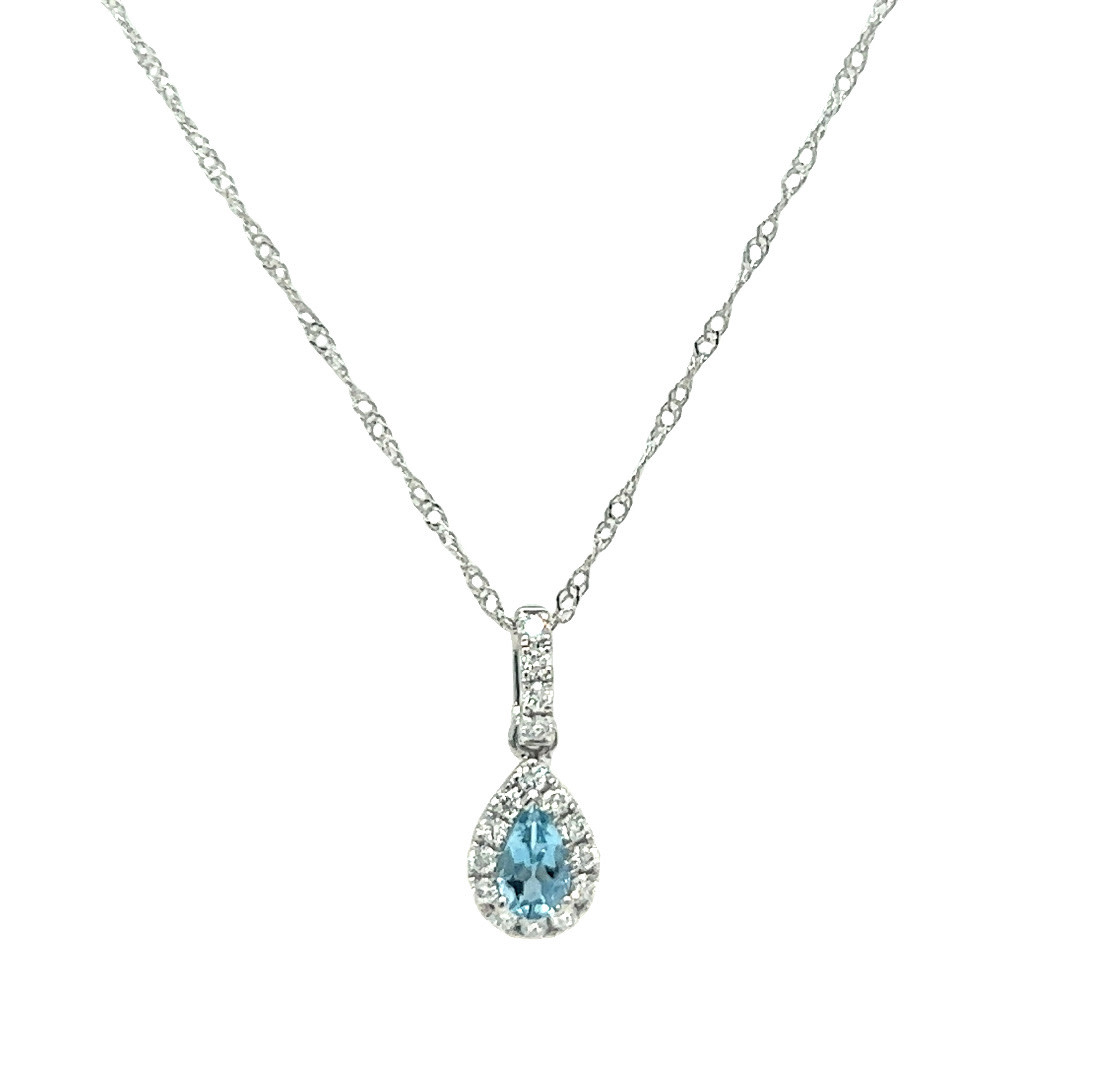 14KW Pear Aquamarine Halo Pendant .16CT