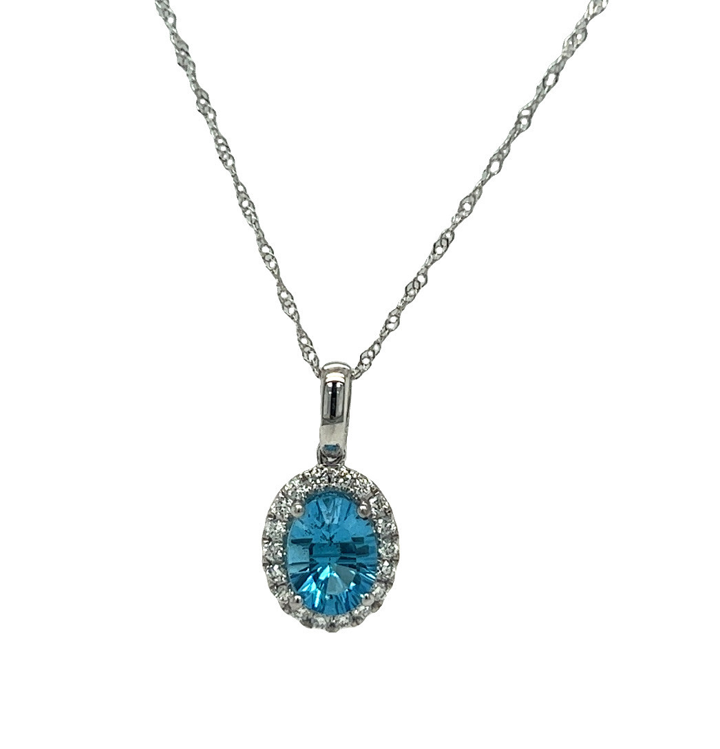 14KW Blue Topaz Halo Pendant