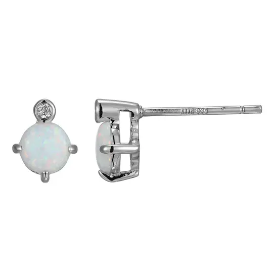 Elle .925 Rhodium Plated Created Opal and Lab Grown Diamond Stud Earrings