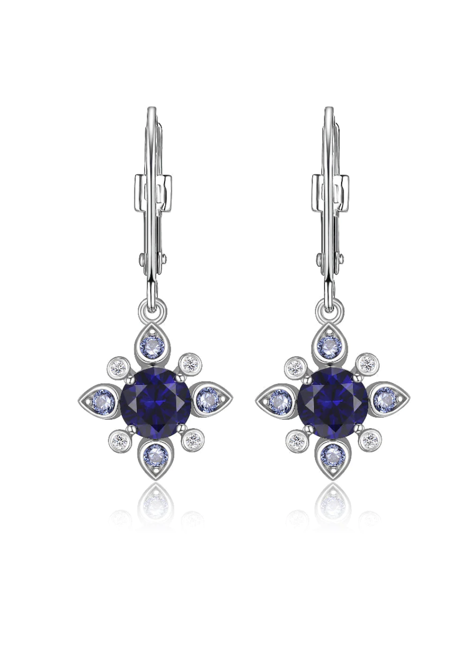 .925 Rhodium Plated Synthetic Sapphire & CZ Dangle Earrings