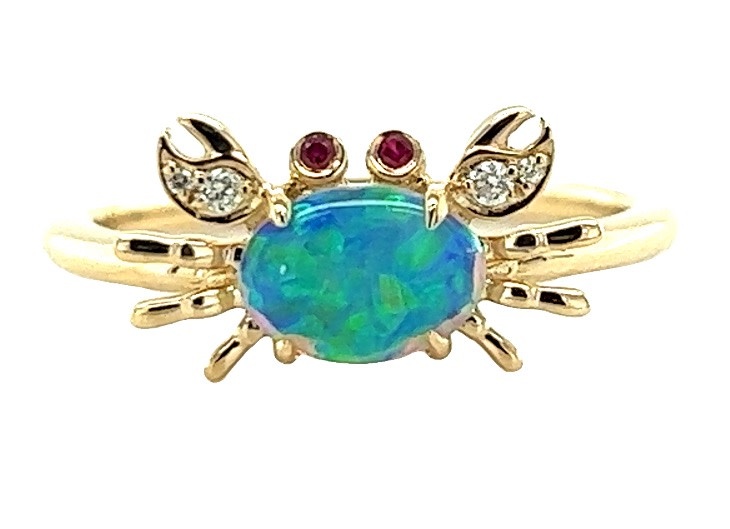 14KY Opal Crab Ring With Diamonds & Rubys