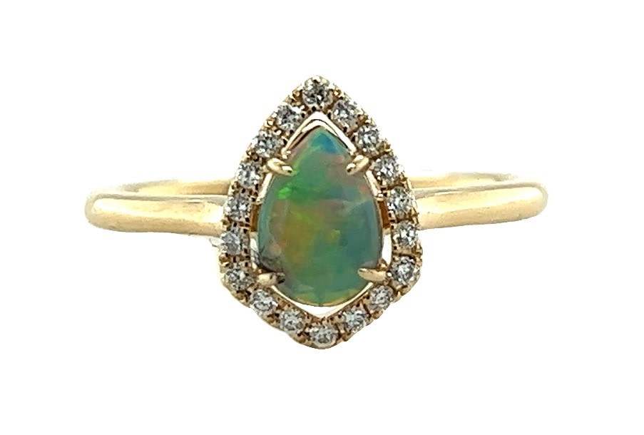 14KY Pear Shape Opal Ring With a Diamond Halo