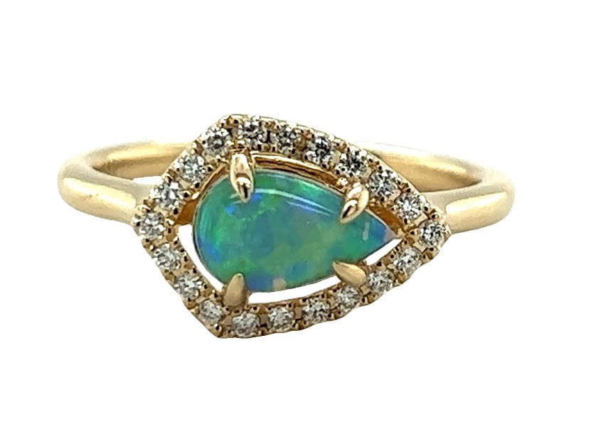14KY East to West Set Opal Ring with a Diamond Halo