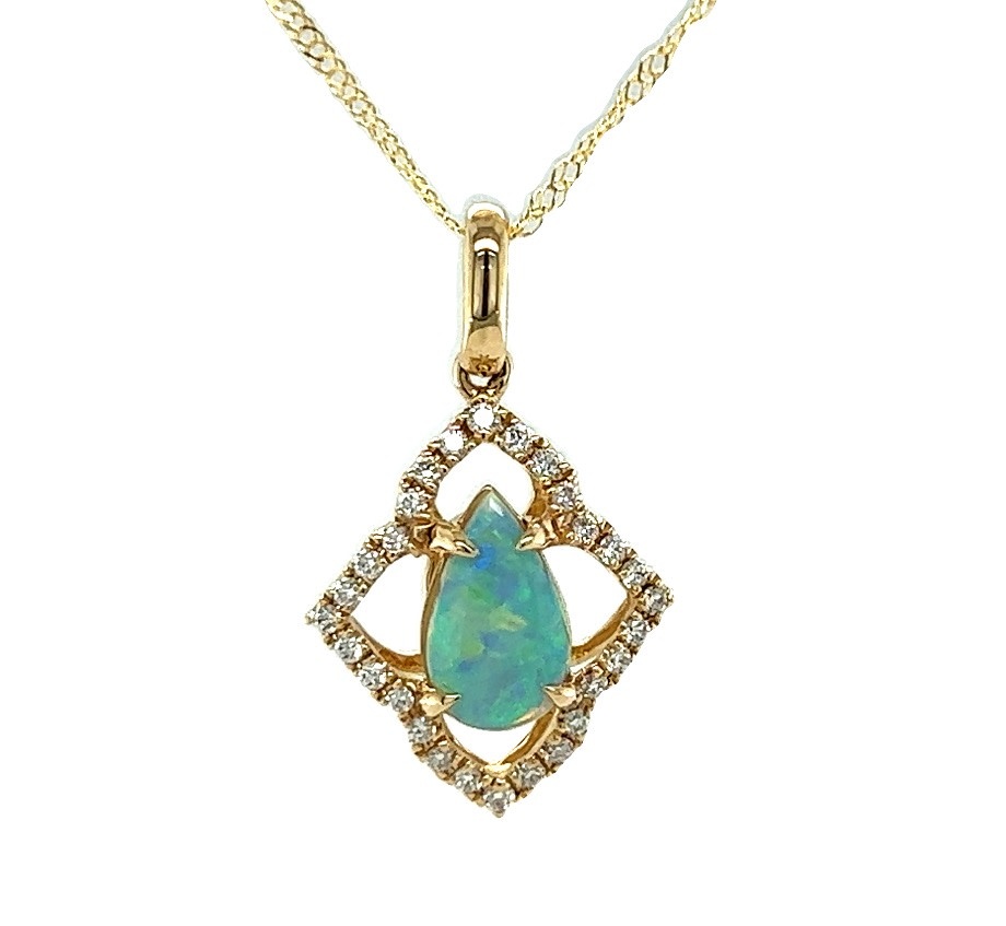 14KY Pear Shape Opal Pendant with a Diamond Halo