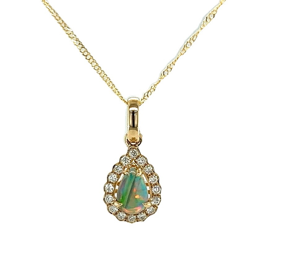 14KY Pear Opal Pendant with a Diamond Halo