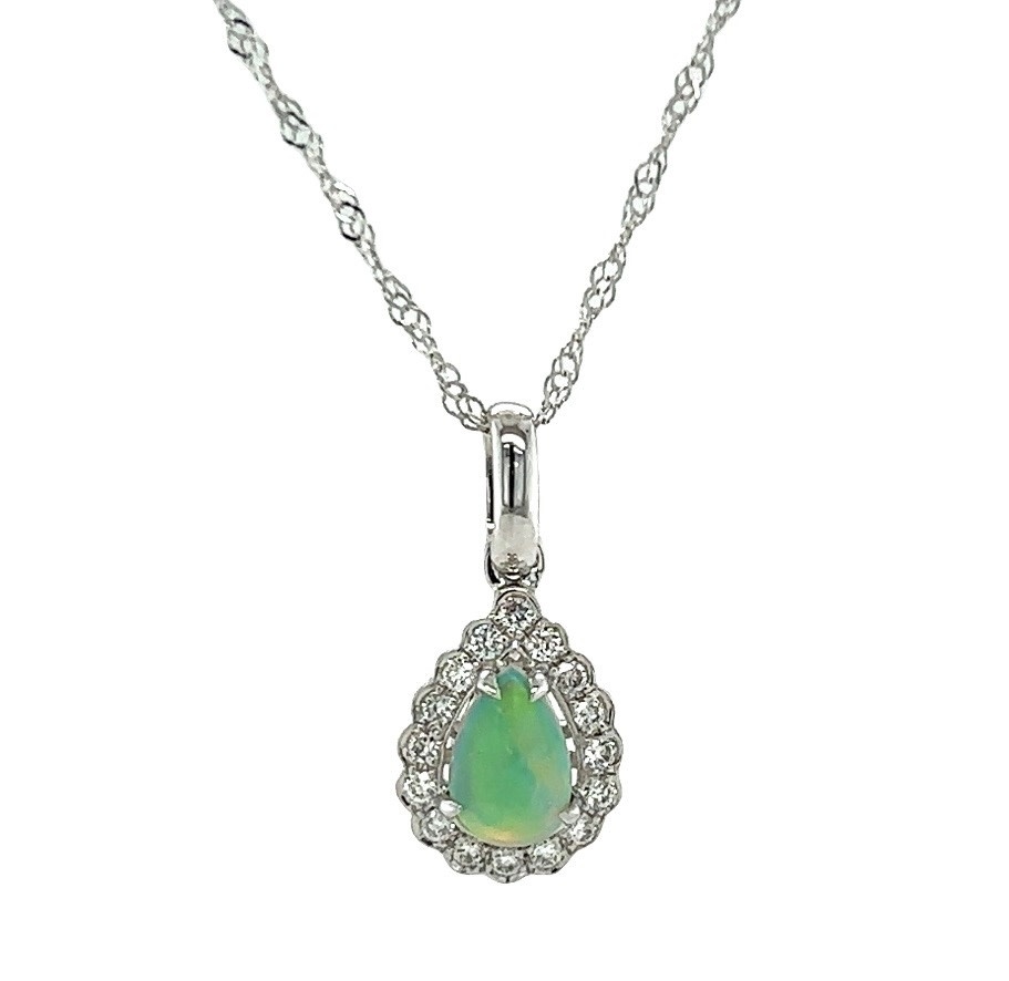 14KW Pear Opal Pendant with a Diamond Halo