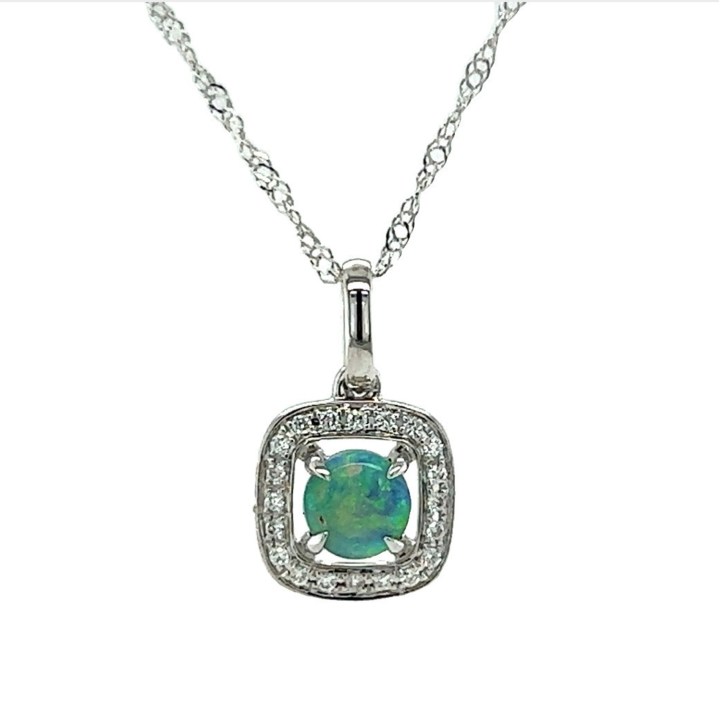 14KW Opal Pendant with a Diamond Halo