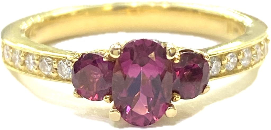 18KY 3 Stone Rubellite Ring .83tw/.12tw