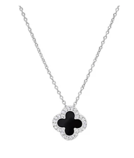 .925 Black Enamel Clover Pendant with CZ