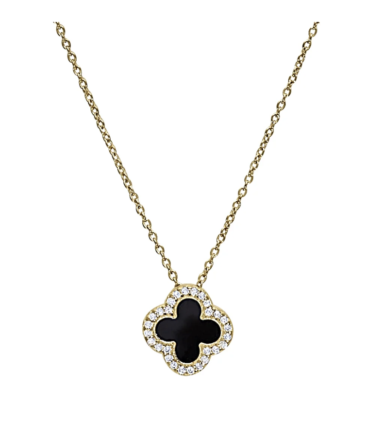 .925 Black Enamel Clover Pendant with CZ