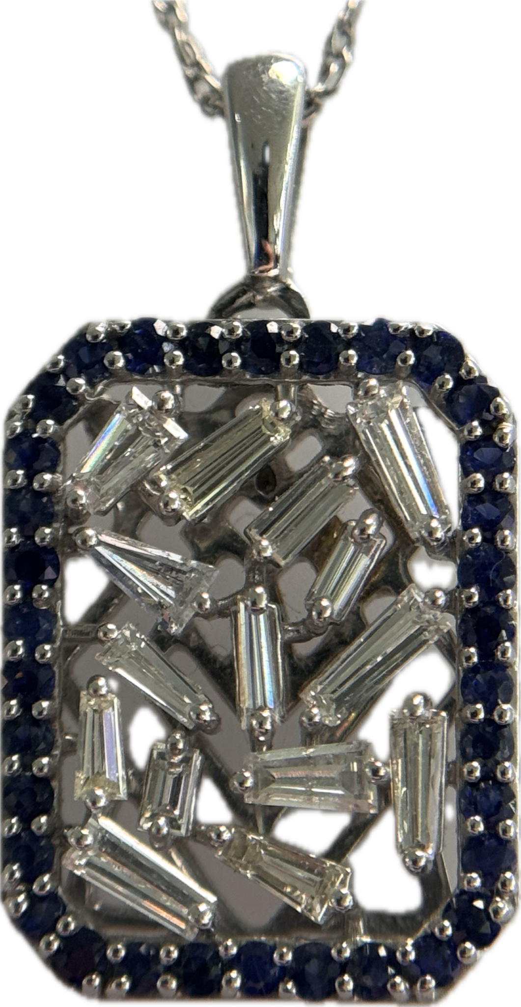 14KW Diamond 0.84CTTW Baguette Pendant With a Sapphire Halo
