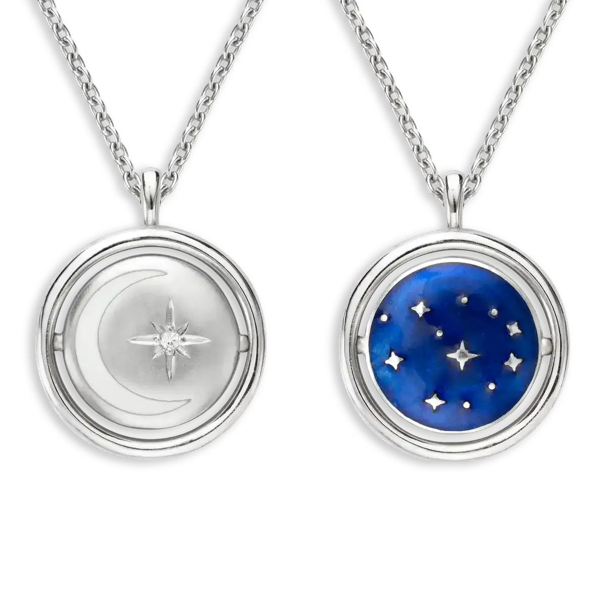 .925 Blue Night And North Star Enamel Necklace with White Sapphires