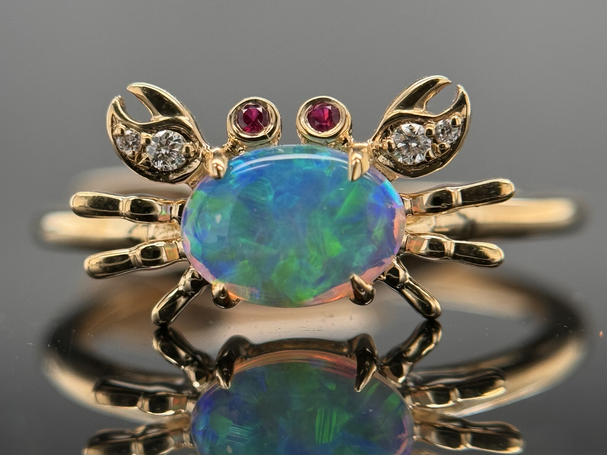 14KY Opal Crab Ring With Diamonds & Rubys