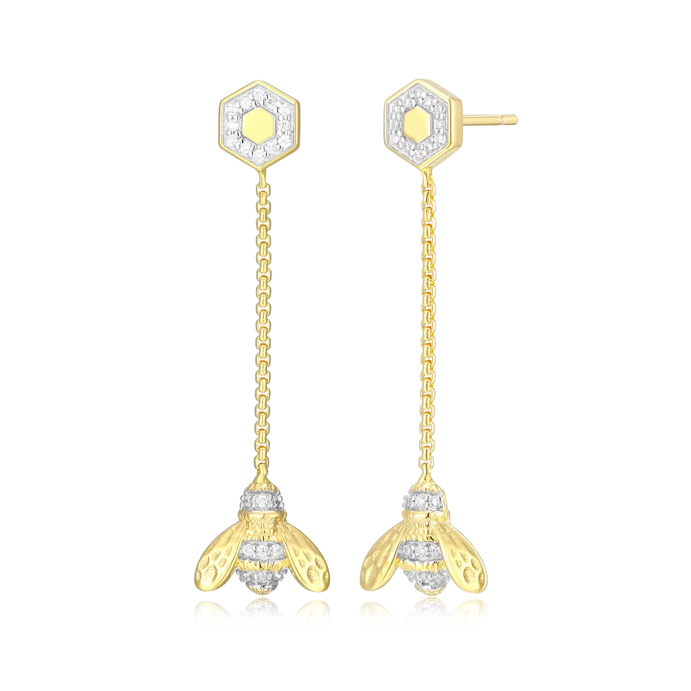 Monte Luna Honey Bee Dangle Stud Earrings in 14k Yellow Gold Plated Sterling Silver with Lab Diamonds