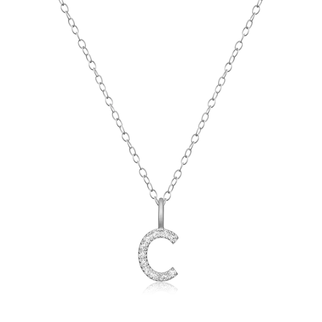 Monte Luna "C" Initial Pendant Necklace in Rhodium Plated Sterling Silver with Lab Diamonds