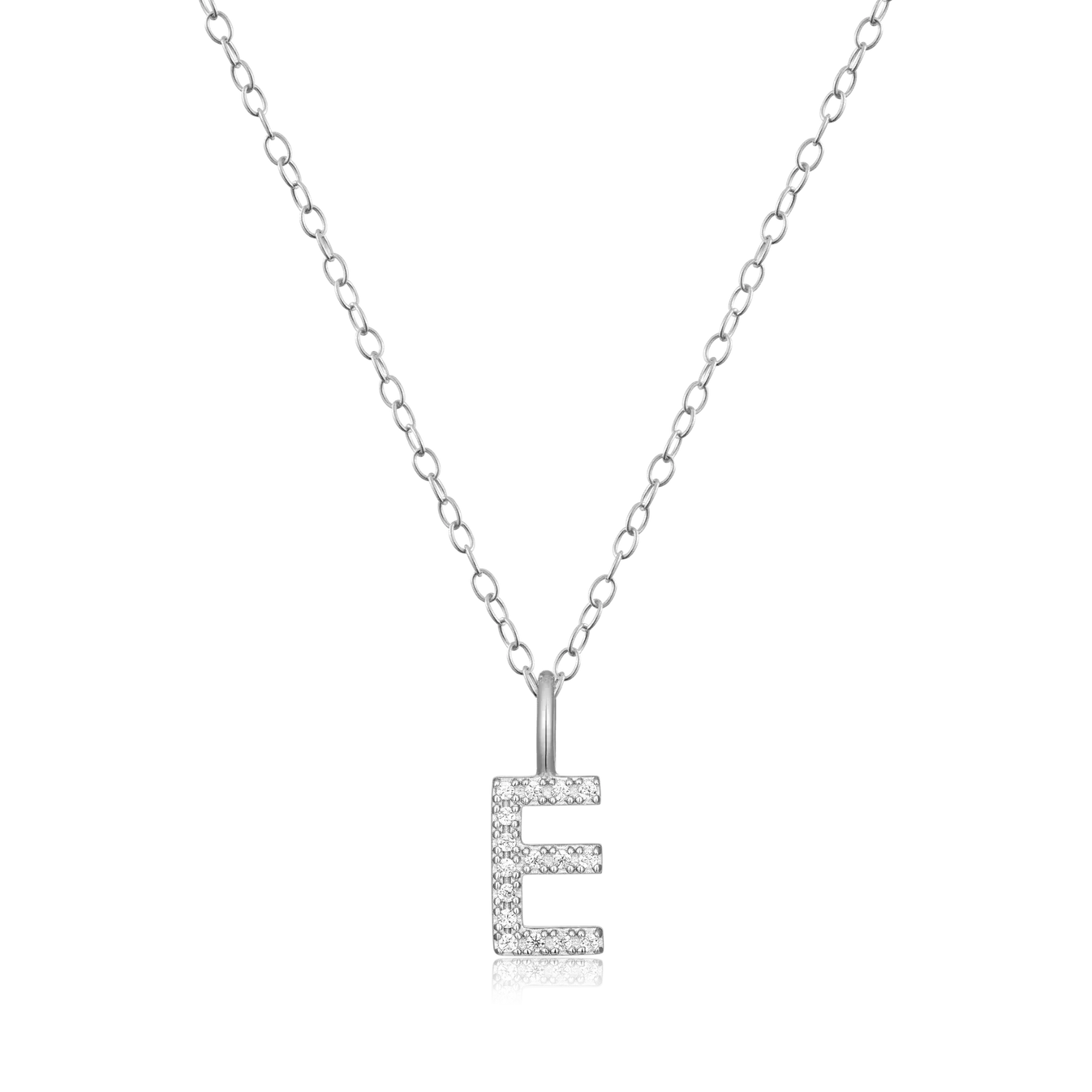 Monte Luna "E" Initial Pendant Necklace in Rhodium Plated Sterling Silver with Lab Diamonds